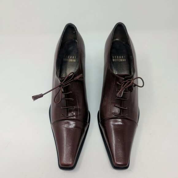 Stuart Weitzman Oxford Heels Shoes 5.5 Brown Square Toe - Picture 2 of 11